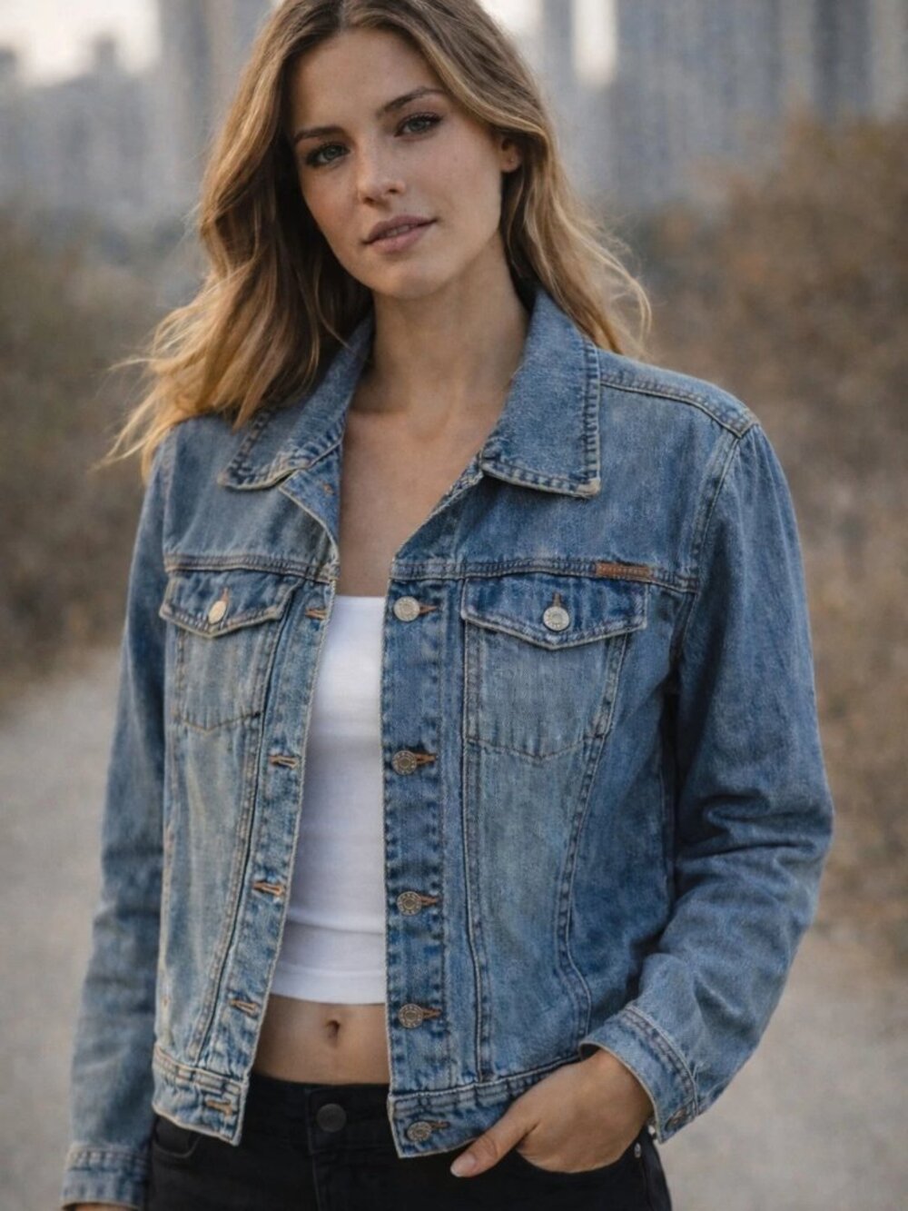 Calvin Klei Women Jean Jacket Blue SZM Button Pockets Demin Adjustable Waist Fit